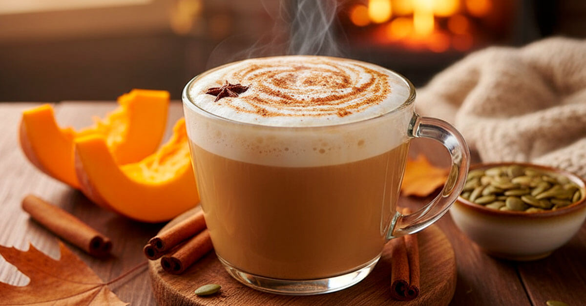 Taza de latte de calabaza saludable humeante con canela, calabaza fresca y especias de otoño, con chimenea al fondo.