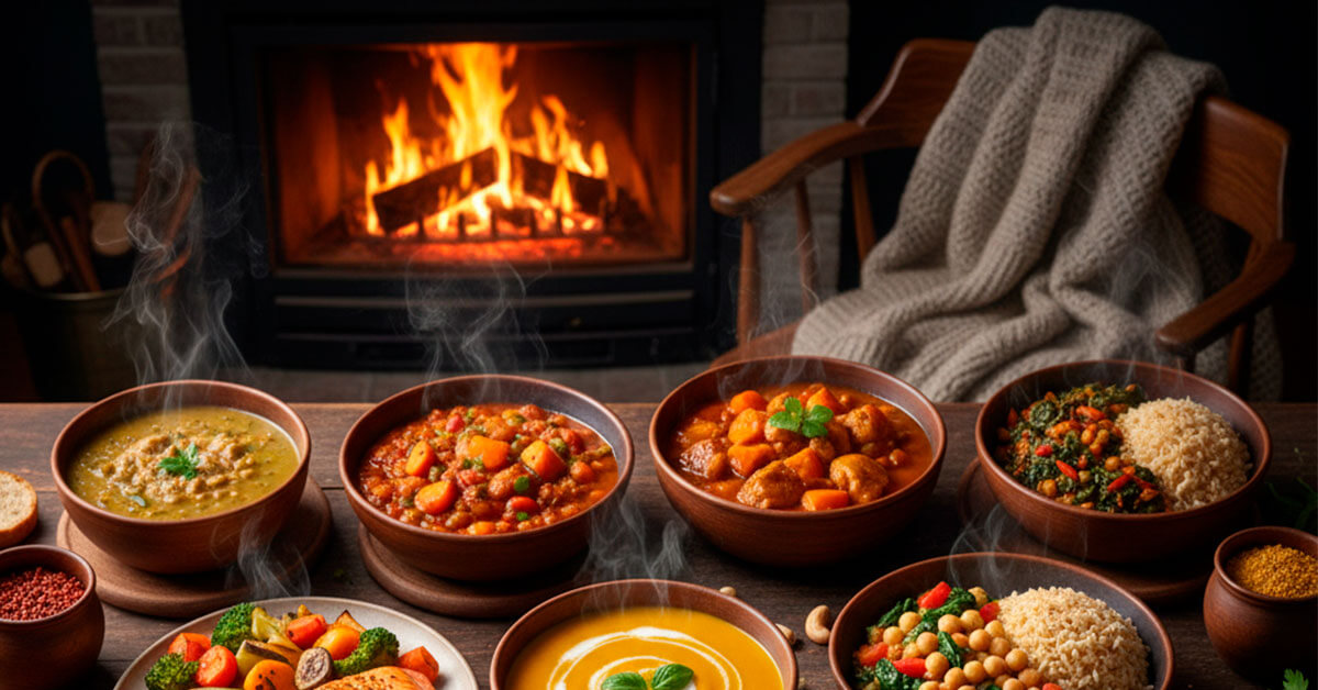 Mesa con 10 platos saludables y reconfortantes, incluyendo sopas, guisos y pescado, en un ambiente acogedor con chimenea y manta.
