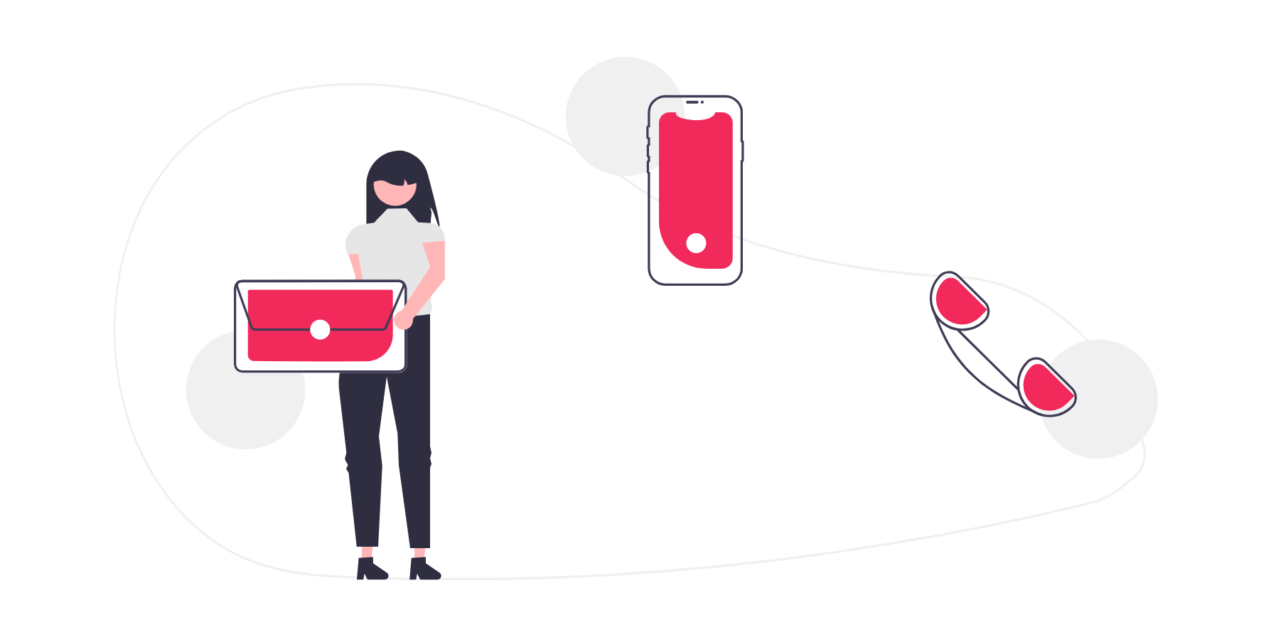 Ilustración de los métodos de contacto para nuestro servicio en Zapopan, Jalisco: una persona con un ícono de correo, conectado a un smartphone y a un teléfono.